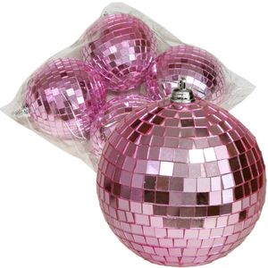 Othmar Decorations disco kerstballen - 4x - roze - 8 cm - kunststof - Kerstbal