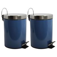 Prullenbak/pedaalemmer - 2x - metaal - marine blauw - 3 liter - 17 x 25 cm - Badkamer/toilet - thumbnail