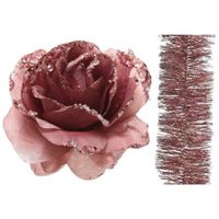 Kerstversiering kunststof glitter bloemen op clip 14 cm en folieslingers pakket oud roze 5x stuks - thumbnail