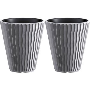 Prosperplast Plantenpot/bloempot Sand Waves - 2x - buiten/binnen - kunststof - steengrijs - D30 x H33 cm - Plantenpotten