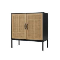 Rieten Sideboard met 3-voudig Verstelbare Plank & 2 Deuren Boho Buffet Accentkast Zwart