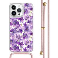 iPhone 14 Pro Max hoesje met rosegoud koord - Floral violet