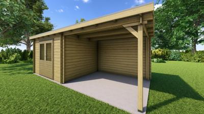 Classicline Blokhut Gelderland vuren groen geïmpregneerd 300x250 cm + overkapping 300 cm- Lessenaarsdak- - Van Kooten