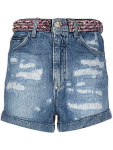 Philipp Plein short en jean à ornements strassés - Bleu