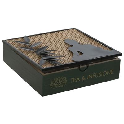 Luxe Theedoos Buddha - 9-vaks - zwart - hout - 24 x 24 x 7 cm - theezakjes opbergen