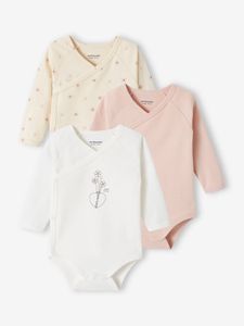 Set van 3 boeket babyrompertjes met lange mouwen en opening voor pasgeborenen roze (poederkleur)