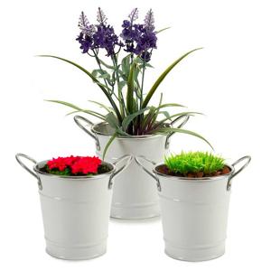 Plantenpot/bloempot emmer - 3x - rond - zink - wit - D12 x H16 cm