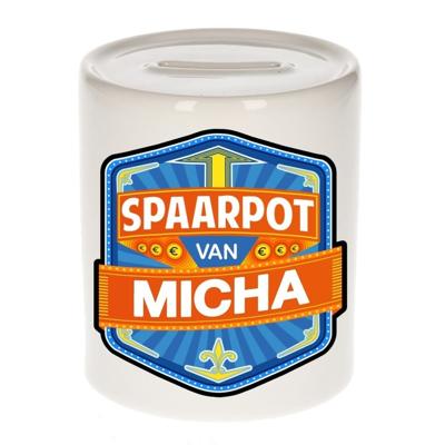 Kinder spaarpot met naam - Micha - keramiek - met dop - wit - Sparen - Spaargeld van Micha
