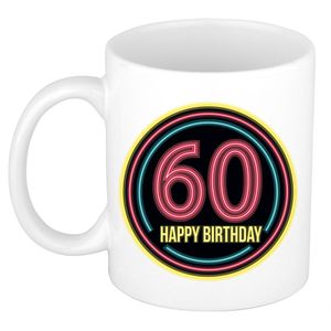 Verjaardag mok / beker - happy birthday 60 jaar - neon - 300 ml - verjaardagscadeau