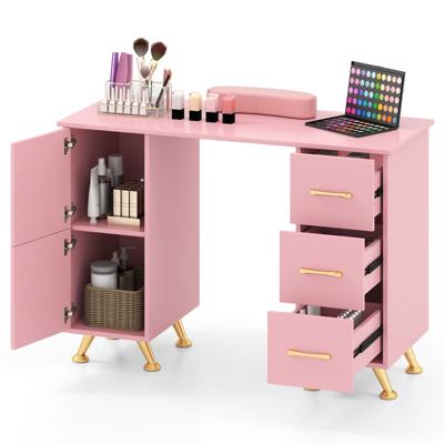 Professionele Manicuretafel met 2 Kasten 3 Lades Nagelstudio met Polssteun Metalen Poten voor Schoonheidssalon Spa Roze