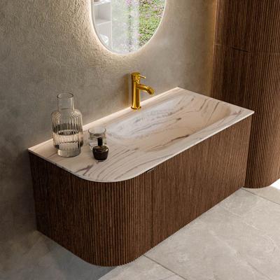 Badmeubel Mondiaz Kurve-Dlux | 95 cm | Meubelkleur Walnut | Wastafelkleur Nata | Solid surface | Wasbak rechter zijde spoelbak | 1 kraangat