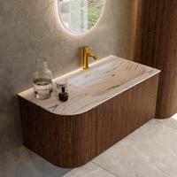 Badmeubel Mondiaz Kurve-Dlux | 95 cm | Meubelkleur Walnut | Wastafelkleur Nata | Solid surface | Wasbak rechter zijde spoelbak | 1 kraangat