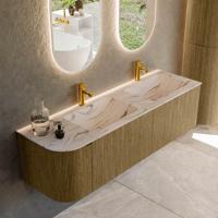 Badmeubel Mondiaz Kurve-Dlux | 155 cm | Meubelkleur Dusk | Wastafelkleur Nata | Solid surface | Dubbel / Rechts spoelbak | 2 kraangaten