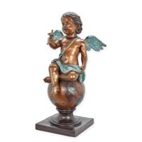 A BRONZE SCULPTURE CUPID SITTING ON BALL WITH BIRD A BRONZE SCULPTURE CUPID SITTING ON BALL WITH BIRD