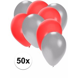 50x ballonnen - 27 cm - zilver / rode versiering