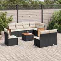 9-delige Loungeset met kussens poly rattan zwart