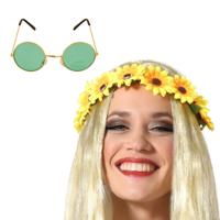 Flower Power verkleed accessoires dames - Bloemen hoofdband - Hippie bril ronde glazen in het groen