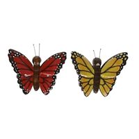 2x Houten magneten vlinders rood en geel   -