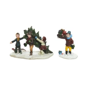 Kerstdorp figuurtjes/poppetjes - kinderen met kerstboom - 6,5 cm - polyresin