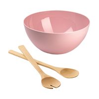 Salade/fruit serveer schaal - roze - kunststof - Dia 28 cm - incl. bamboe Sla couvert/bestek