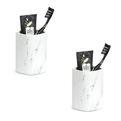 Zeller Tandenborstelhouder - 2x - keramiek - wit marmerlook - 7,5 x 11 cm