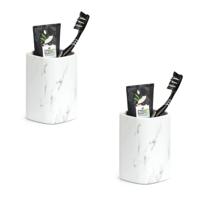 Zeller Tandenborstelhouder - 2x - keramiek - wit marmerlook - 7,5 x 11 cm