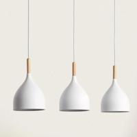 Hanglamp eettafel 3 kappen wit en hout E27 fiting &apos;Bisson&apos; 75 cm