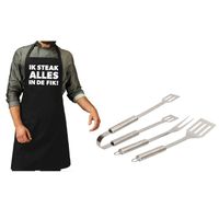 Barbecue/bbq gereedschap 3-delige set 33 cm van RVS met zwart schort Ik steak alles in de fik! - thumbnail