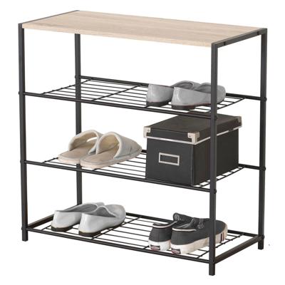 Schoenenrekje van metaal/hout - 3-laags - 63 x 30 x 63 cm - schoenen opbergen - zwart/naturel