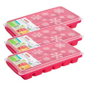 4x stuks Trays met ijsblokjes/ijsklontjes vormpjes 12 vakjes kunststof roze met deksel