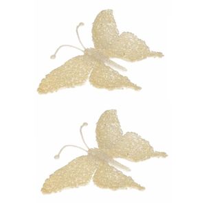 2x Kerst decoratie vlinder creme glitter