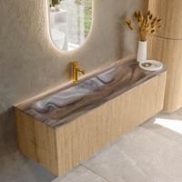 Badmeubel Mondiaz Kurve-Dlux | 145 cm | Meubelkleur Oak | Wastafelkleur Sombra | Solid surface | Wasbak linker zijde spoelbak | 1 kraangat