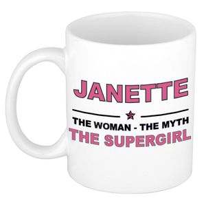 Naam cadeau mok/ beker Janette The woman, The myth the supergirl 300 ml   -