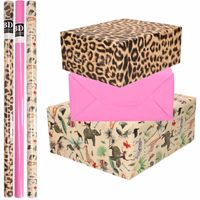 9x Rollen kraft inpakpapier jungle/panter pakket - dieren/luipaard/roze 200 x 70 cm - thumbnail