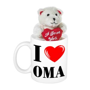 Oma cadeau I Love Oma beker / mok 300 ml met beige knuffelbeertje met love hartje   -