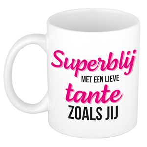 Super blij met een lieve tante zoals jij cadeau mok / beker wit 300 ml - Cadeau mokken