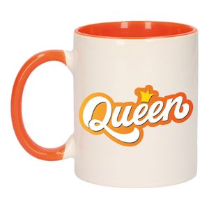 Koningsdag Queen met kroontje mok/ beker oranje wit 300 ml