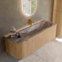 Badmeubel Mondiaz Kurve-Dlux | 135 cm | Meubelkleur Oak | Wastafelkleur Oza | Solid surface | Wasbak rechter zijde spoelbak | 1 kraangat