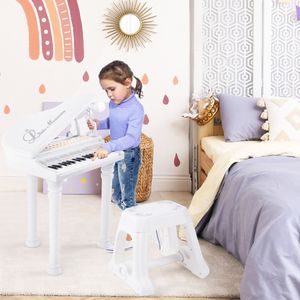 Toetsenbord voor Kinderen 31 Toetsen met Kruk Elektronisch Pianotoetsenbord met Microfoon LED-Leer-Modus Draagbaar Speelgoedpiano