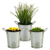 Plantenpot/bloempot emmer - 3x - rond - zink - zilver - D12 x H16 cm - thumbnail