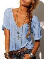 Casual Solid Color V Neck Short Sleeve Tee