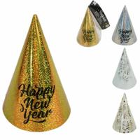 Cool2party feesthoeden met elastiek happy new year 20 cm 6 stuks 4 assorti | 24 stuks