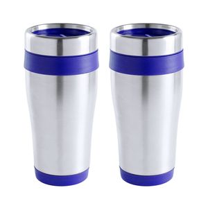 Warmhoudbeker/thermos isoleer koffiebeker/mok - 2x - RVS - zilver/blauw - 450 ml