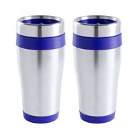 Warmhoudbeker/thermos isoleer koffiebeker/mok - 2x - RVS - zilver/blauw - 450 ml - thumbnail