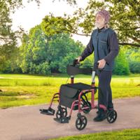 Rollator Opvouwbaar en Licht met Zitting 2-In-1 Rolstoel & Reisrollator Loophulp 6-Voudig in Hoogte Verstelbaar Wandelwagen (Rood)