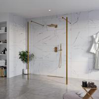 Fortifura Galeria Vrijstaande Inloopdouche - 140x200cm - Helder - antikalk - 8mm veiligheidsglas - 2 zijwanden 30cm - wandsteunen en hoekprofielen - Geborsteld koper PVD (Koper) SW927772 2x/SW797916/SW797909 2x/SW876703 2x