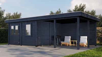 Lugarde Select Modern tuinhuis met overkapping Amstelveen 388x388cm + 400cm - Zwarte olie- Plat dak- - Lugarde Select