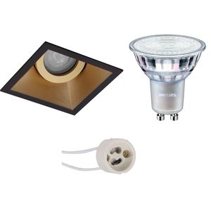 LED Spot Set - Pragmi Zano Pro - GU10 Fitting - Inbouw Vierkant - Mat Zwart/Goud - Kantelbaar - 93mm - Philips - MASTER 927 36D VLE - 4.9W - Warm Wit 2200K-2700K - DimTone Dimbaar