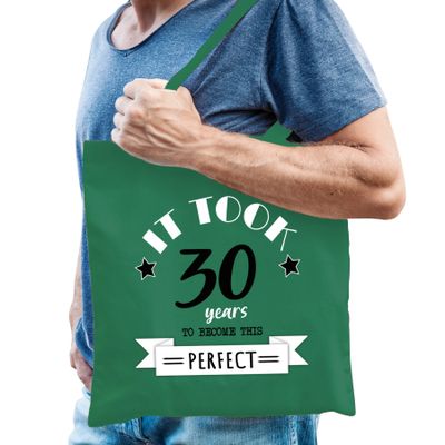 Cadeau tas voor heren - 30 en perfect - groen - katoen - 42 x 38 cm - dertig - shopper