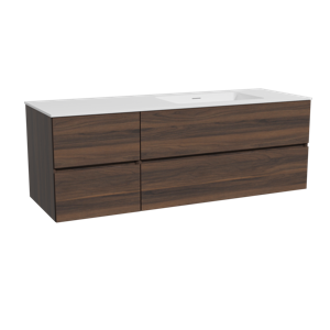 Storke Edge zwevend badmeubel 150 x 52 cm notenhout met Mata asymmetrisch rechtse wastafel in solid surface mat wit